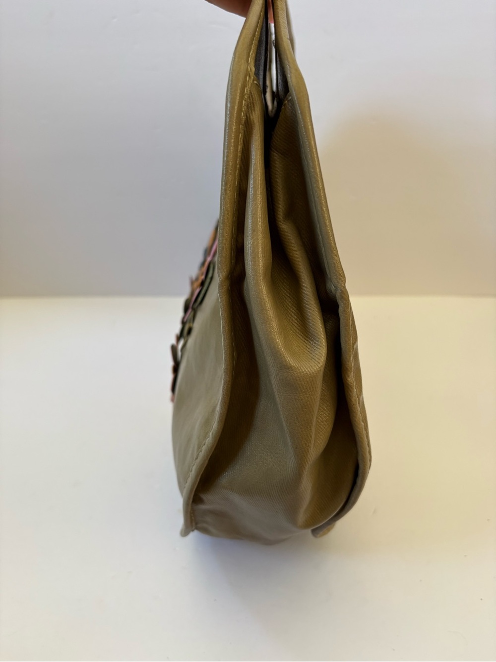 Vintage Y2K Esprit Tote Bag Purse Olive Green Floral Aplique Lagenlook Hippie - Picture 4 of 11